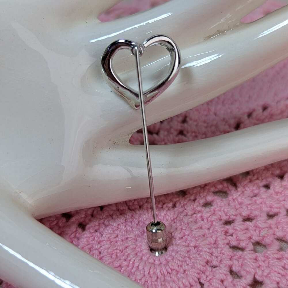 Vintage Open Heart Stick Pin Stickpin Silver Metal - Picture 3 of 10